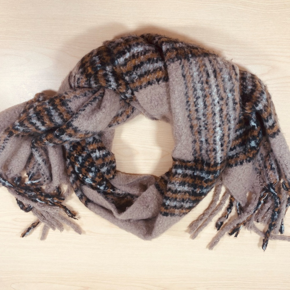 Adrienne Vittadini Tan and Black Plaid Blanket Scarf with Fringe